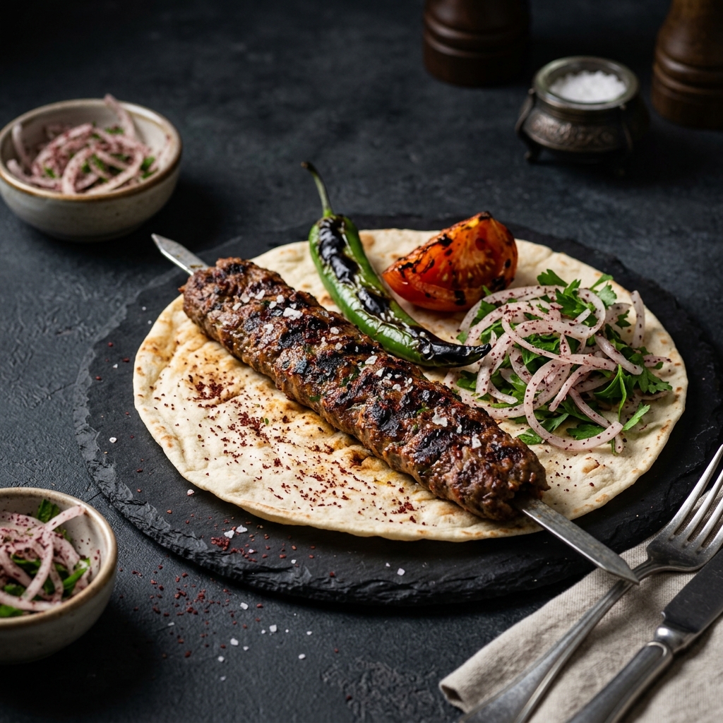 Freshly grilled Adana kebab